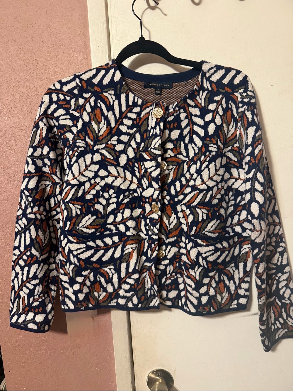 Adrienne Vittadini Navy, White & Brown Leaf-Print Knit Cardigan